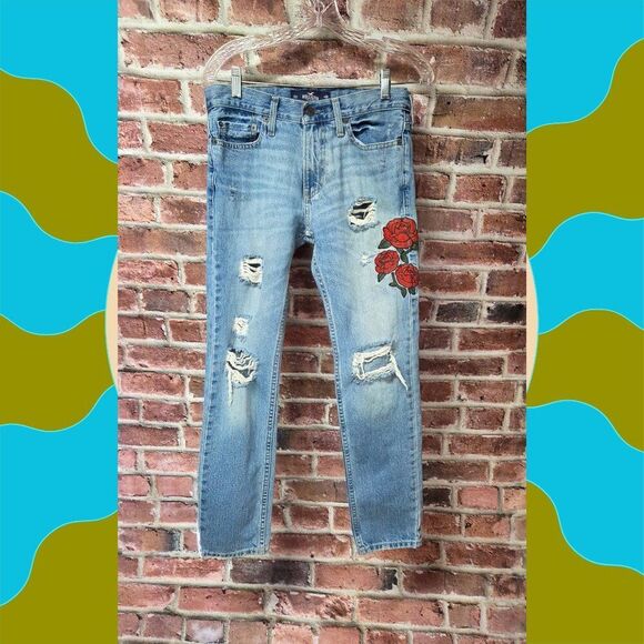 Hollister Skinny Jeans 28x30 | Distressed Rose Patch Vintage Y2K Denim Blue - Picture 1 of 6